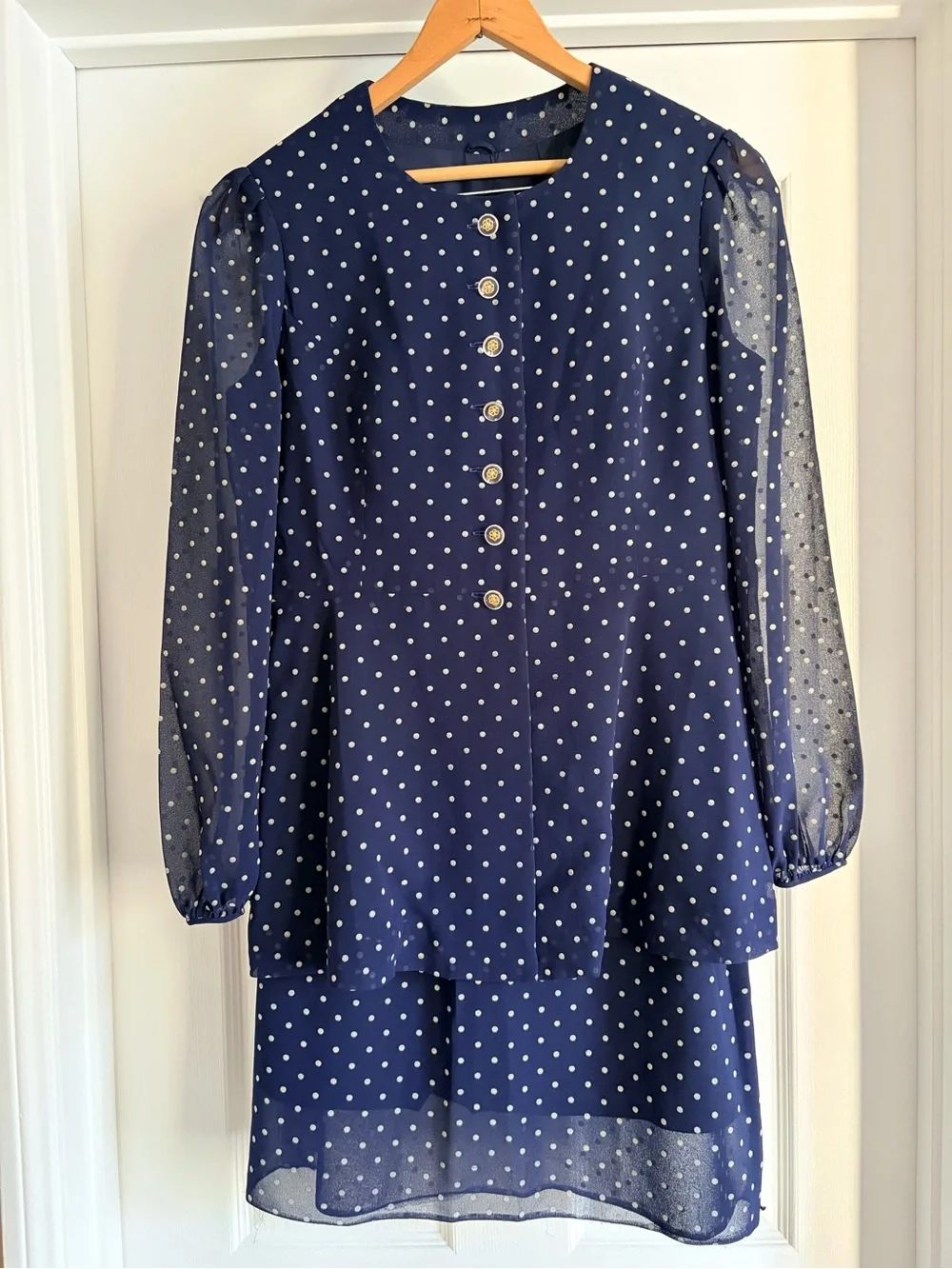 70’s Navy Polka Dot Sheer Peplum Skirt Suit Small Made in Japan